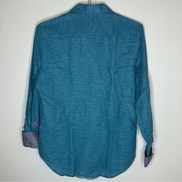 Robert Graham Teal Patterned Long Sleeve Linen Blend Shirt in Size Small - Picture 5 of 8
